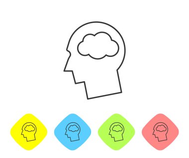 Beyaz arka planda izole edilmiş bulut çizgi simgesine sahip Gri Kafa silueti. Rüya burcu. Renk eşkenar dörtgen düğmelerinde simgeyi ayarlayın. Vektör İllüstrasyonu