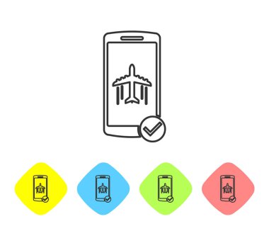 Beyaz arka plan üzerindeki cep telefonu hattı simgesinde Gri Uçuş modu. Uçak veya uçak uçuş çevrimdışı modu yolcu yönetmeliği havayolu . Renk eşkenar dörtgen düğmelerinde simgeyi ayarlayın. Vektör İllüstrasyonu