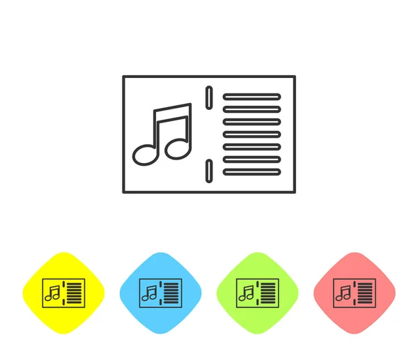 Livro de música cinza com ícone de linha de nota isolado no fundo branco. Folha de música com estaca de notas. Caderno de notas musicais. Definir ícone em botões de losango de cor. Ilustração vetorial — Vetor de Stock
