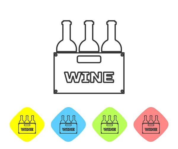 Bouteilles grises de vin dans une icône de ligne de boîte en bois isolé sur fond blanc. Bouteilles de vin dans une icône de caisse en bois. Définir l'icône dans les boutons couleur losange. Illustration vectorielle — Image vectorielle