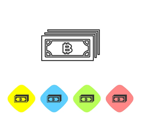 Concepto de criptomoneda gris bitcoin en círculo con icono de línea de circuito de microchip sobre fondo blanco. Tecnología blockchain, mercado de dinero digital. Establecer icono en los botones de rombo de color. Ilustración vectorial — Vector de stock