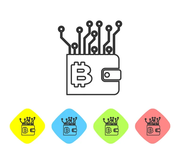 Grey Cryptocurrency wallet line icon on white background. Wallet and bitcoin sign. Mining concept. Money, payment, cash, pay icon. Set icon in color rhombus buttons. Vector Illustration — Stock Vector