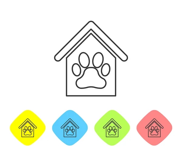 Casa de perro gris e icono de línea de mascota de impresión de pata aislado sobre fondo blanco. Una perrera. Establecer icono en los botones de rombo de color. Ilustración vectorial — Archivo Imágenes Vectoriales