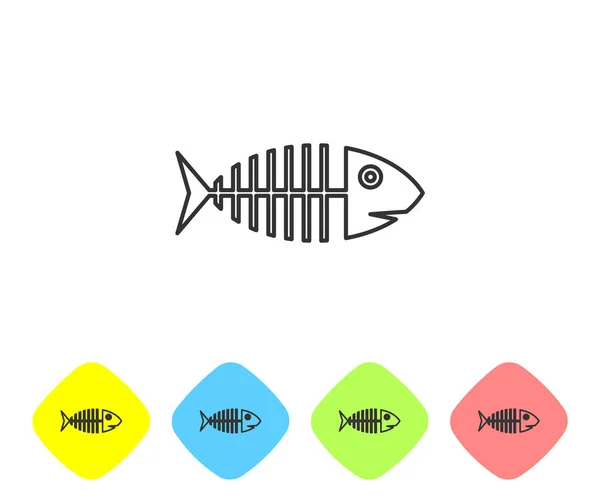 Grey Fish skeleton line icon isolated on white background. Fish bone sign. Set icon in color rhombus buttons. Vector Illustration — Stock Vector