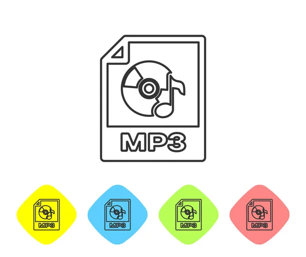 Grijs MP3-bestand documentpictogram. Download mp3 knop lijn icoon geïsoleerd op witte achtergrond. MP3-muziek formaat teken. MP3-bestand symbool. Pictogram instellen in kleur Rhombus-knoppen. Vector illustratie — Stockvector