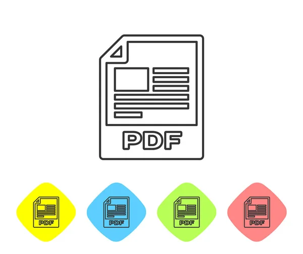 Szürke PDF fájl dokumentum ikonja. Letölt PDF gomb vonal ikon elszigetelt-ra fehér háttér. PDF-fájl szimbóluma. Állítsa be az ikont a színes rombusz gombok. Vektoros illusztráció — Stock Vector