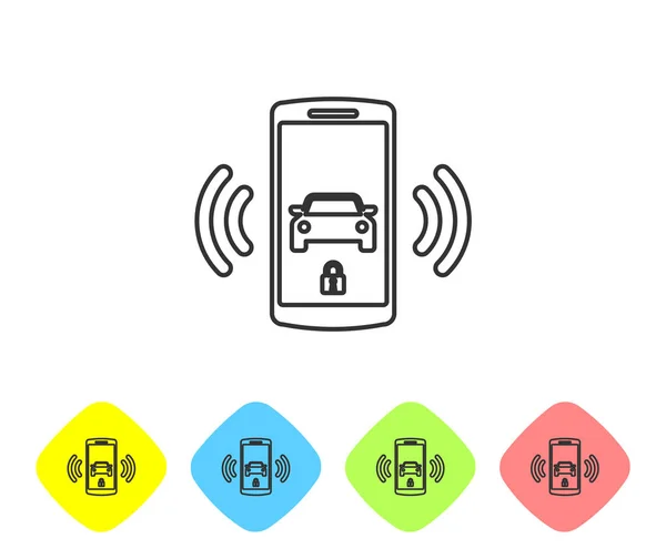 Icono de línea del sistema de alarma gris Smart coche aislado sobre fondo blanco. El teléfono inteligente controla la seguridad del coche en el inalámbrico. Establecer icono en los botones de rombo de color. Ilustración vectorial — Archivo Imágenes Vectoriales