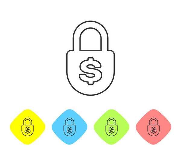 Иконка "Серые деньги" изолирована на белом фоне. Замок и символ доллара. Финансы, безопасность, безопасность, защита, конфиденциальность концепции. Установите значок в цветные пуговицы ромба. Векторная миграция
