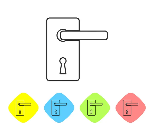 Puerta gris manija icono de línea aislado sobre fondo blanco. Señal de cerradura. Establecer icono en los botones de rombo de color. Ilustración vectorial — Archivo Imágenes Vectoriales