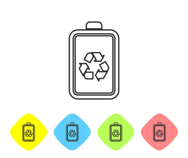 Bateria cinza com ícone de linha de símbolo de reciclagem isolado no fundo branco. Bateria com símbolo de reciclagem - conceito de energia renovável. Definir ícone em botões de losango de cor. Ilustração vetorial — Vetor de Stock