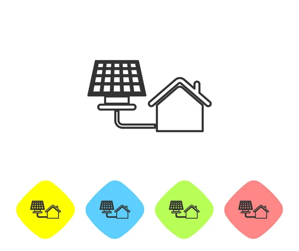Grey House with solar panel line icon isolated on white background. Ecology, solar renewable energy. Eco-friendly house. Environmental Protection. Set icon in color rhombus button. Vector Illustration — Stock Vector