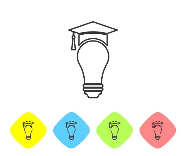 灰色の電球と卒業キャップラインアイコンは、白い背景に分離されています。大学教育の概念。色のロンバスボタンにアイコンを設定します。ベクトルイラストレーション — ストックベクタ