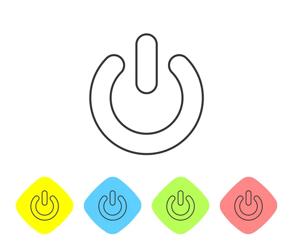 Icono de línea de botón de encendido gris aislado sobre fondo blanco. Firma inicial. Diseño plano. Establecer icono en los botones de rombo de color. Ilustración vectorial — Archivo Imágenes Vectoriales