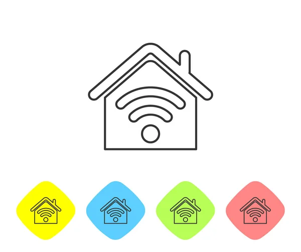 Grey Smart home con icona della linea wi-fi isolata su sfondo bianco. Telecomando. Imposta l'icona nei pulsanti rombo a colori. Illustrazione vettoriale — Vettoriale Stock