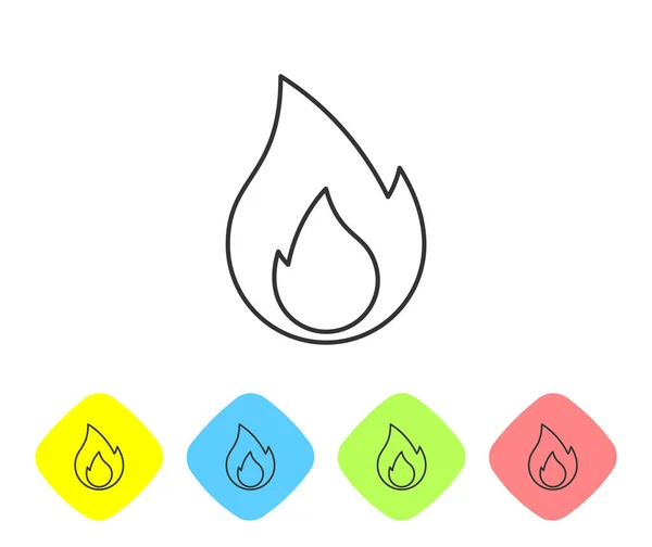Pictograma liniei de flacără gri foc izolată pe fundal alb. Simbolul căldurii. Setați pictograma în butoane romb color. Vector Illustration — Vector de stoc