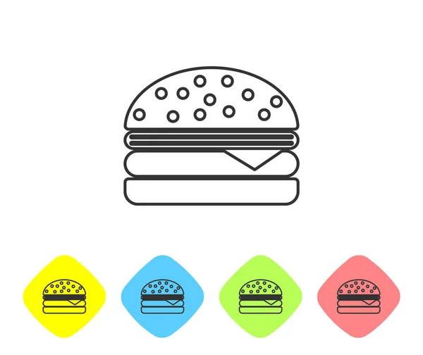 Icona della linea Grey Burger isolata su sfondo bianco. Icona hamburger. Segno panino al cheeseburger. Imposta l'icona nei pulsanti rombo a colori. Illustrazione vettoriale — Vettoriale Stock