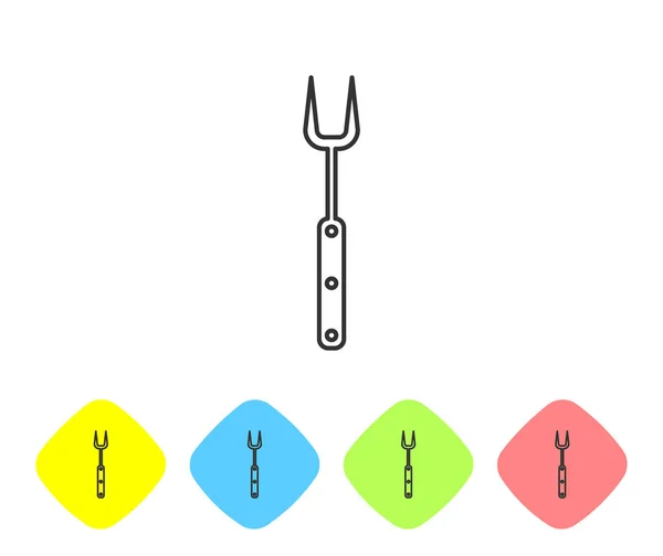 Ícone de linha de garfo de churrasco cinza isolado no fundo branco. Sinal de garfo para churrasco. Churrasco e grelhador ferramenta. Definir ícone em botões de losango de cor. Ilustração vetorial —  Vetores de Stock