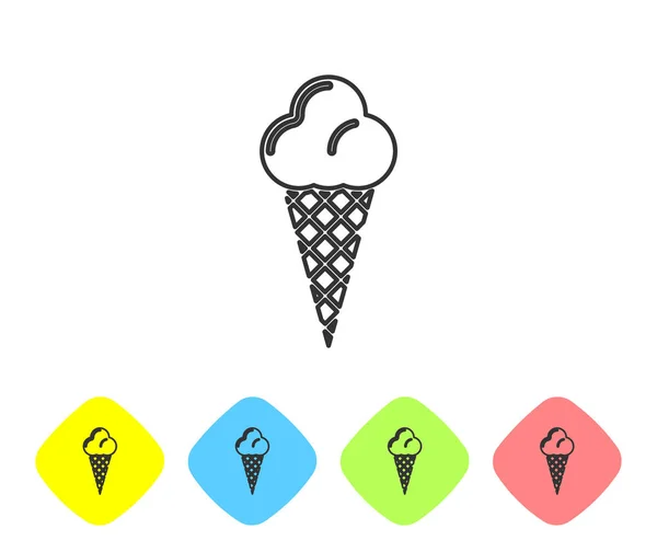 Šedá zmrzlina v ikoně s vaflovým kuželem izolovaná na bílém pozadí. Sladký symbol. Nastavit ikonu v barevných tlačítkách Rhombus. Vektorová ilustrace — Stockový vektor