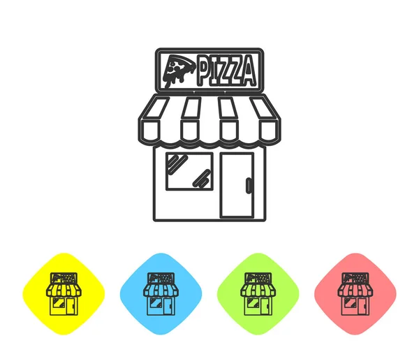 Иконка фасада здания "Серая пиццерия" изолирована на белом фоне. Киоск пиццерии быстрого питания. Установите значок в цветные пуговицы ромба. Векторная миграция — стоковый вектор
