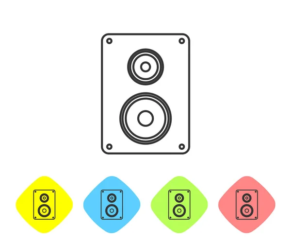 Graues Stereo-Lautsprecherleitungssymbol isoliert auf weißem Hintergrund. Soundsystem-Lautsprecher. Musik-Ikone. Musiksäule Lautsprecher Bass Ausrüstung. setzen Sie das Symbol in farbigen Rautenknöpfen. Vektorillustration — Stockvektor