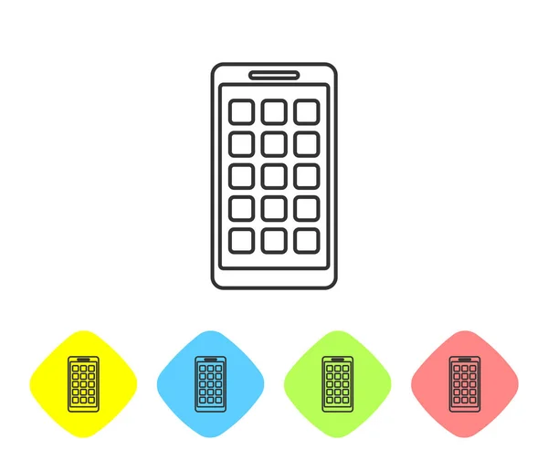 Ícone de linha de aplicativos móveis cinza isolado no fundo branco. Smartphone com ícones de tela, aplicativos. telefone celular mostrando tela. Definir ícone em botões de losango de cor. Ilustração vetorial —  Vetores de Stock