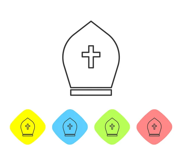 Grå påvens hatt linje ikon isolerad på vit bakgrund. Christian hatt tecken. Ange ikon i färg Rhombus knappar. Vektor illustration — Stock vektor