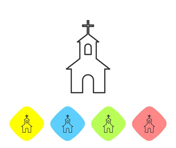 Icono de línea de construcción de iglesia gris aislado sobre fondo blanco. Iglesia Cristiana. Religión de la iglesia. Establecer icono en los botones de rombo de color. Ilustración vectorial — Vector de stock