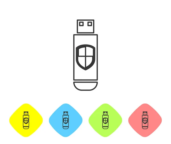 Unidad flash USB gris e icono de la línea de escudo de protección aislados sobre fondo blanco. Establecer icono en los botones de rombo de color. Ilustración vectorial — Vector de stock