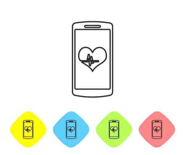 Smartphone cinza com ícone de linha de função monitor de frequência cardíaca isolado no fundo branco. Definir ícone em botões de losango de cor. Ilustração vetorial —  Vetores de Stock