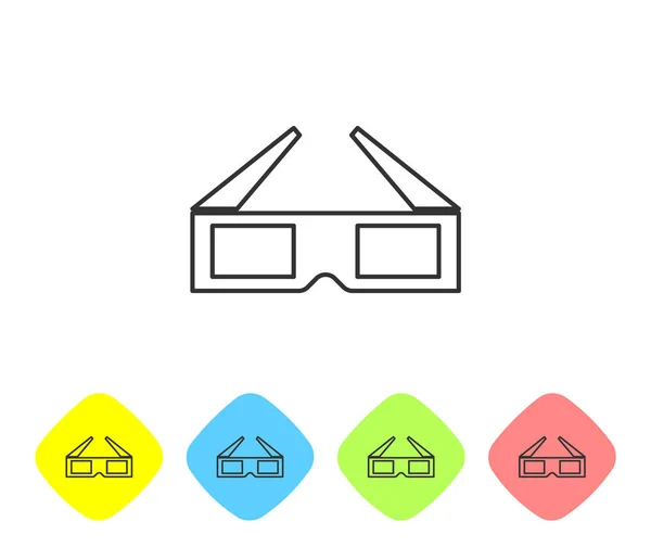 Icono de línea de gafas de cine 3D gris aislado sobre fondo blanco. Establecer icono en los botones de rombo de color. Ilustración vectorial — Archivo Imágenes Vectoriales