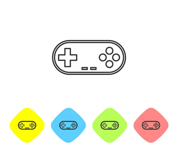 Szürke Gamepad vonal ikon fehér alapon. Játékvezérlő. Állítsa be az ikont a színes rombusz gombok. Vektoros illusztráció — Stock Vector