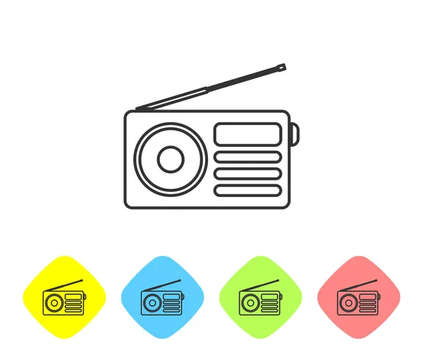 Rádio cinza com ícone de linha de antena isolado no fundo branco. Definir ícone em botões de losango de cor. Ilustração vetorial —  Vetores de Stock