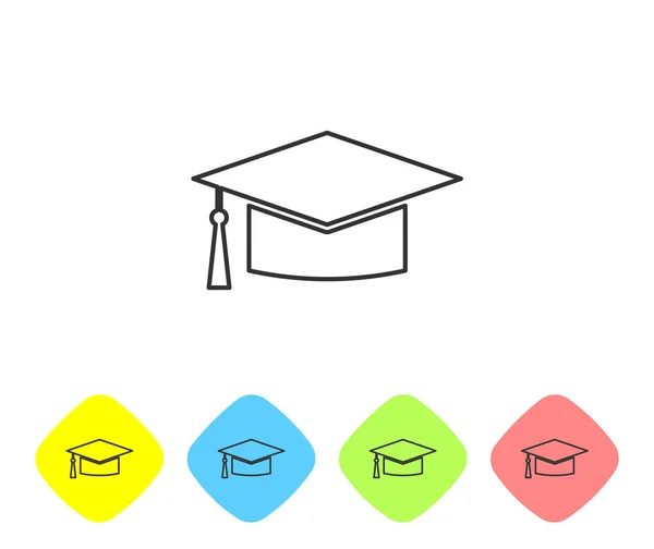 Icono de línea de la tapa de graduación gris aislado sobre fondo blanco. Sombrero de graduación con icono de borla. Establecer icono en los botones de rombo de color. Ilustración vectorial — Vector de stock