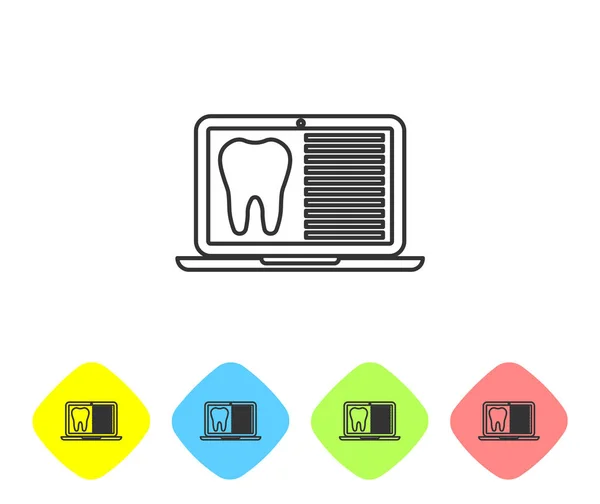 Laptop grigio con scheda dentale o icona della linea di cartelle cliniche del paziente isolata su sfondo bianco. Assicurazione dentistica. Rapporto della clinica dentistica. Imposta l'icona nei pulsanti rombo a colori. Illustrazione vettoriale — Vettoriale Stock