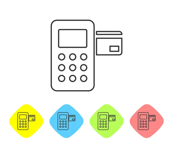 Graues Pos-Terminal mit eingestecktem Kreditkartensymbol isoliert auf weißem Hintergrund. Zahlungsterminal Transaktion. setzen Sie das Symbol in farbigen Rautenknöpfen. Vektorillustration — Stockvektor