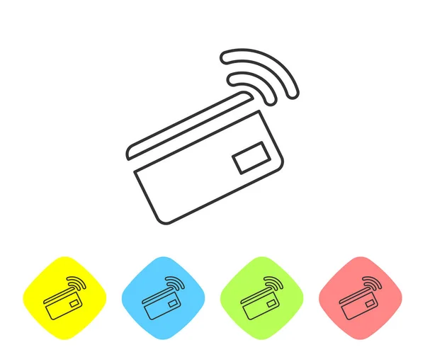 흰색 배경에 격리 된 NFC 카드 라인 아이콘회색 비접촉식 지불. 전파 표지판이 있는 카드. 신용 카드 결제. 컬러 마름모 버튼에 아이콘을 설정합니다. 벡터 일러스트레이션 — 스톡 벡터