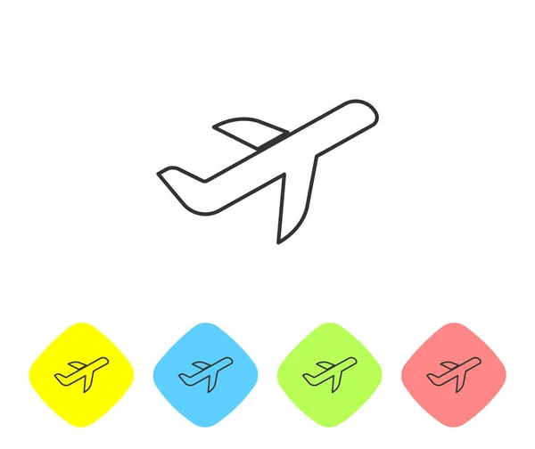 Icono de línea plana gris aislado sobre fondo blanco. Icono del avión volador. Firma del avión. Establecer icono en los botones de rombo de color. Ilustración vectorial — Vector de stock