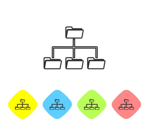 Ícone de linha de árvore de pasta cinza isolado no fundo branco. Fluxograma da estrutura da pasta de arquivo de rede de computador. Definir ícone em botões de losango de cor. Ilustração vetorial — Vetor de Stock
