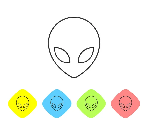 Icône de ligne Alien gris isolé sur fond blanc. Visage extraterrestre extraterrestre ou symbole de tête. Définir l'icône dans les boutons couleur losange. Illustration vectorielle — Image vectorielle