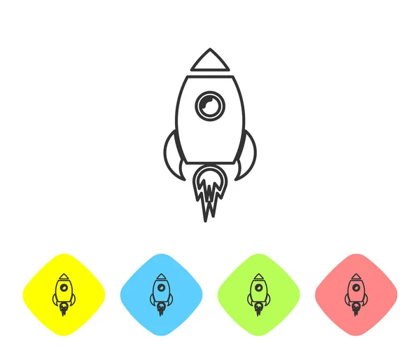 Grey Rocket navio com ícone de linha de fogo isolado no fundo branco. Viagem espacial. Definir ícone em botões de losango de cor. Ilustração vetorial — Vetor de Stock