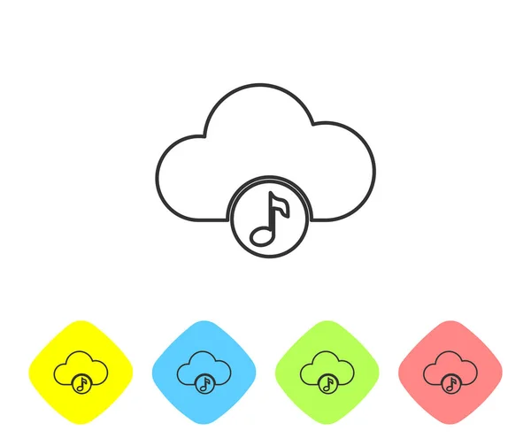 Ícone de linha de serviço de streaming de música cinza isolado no fundo branco. Computação em nuvem de som, streaming de mídia online, música online, onda de áudio. Definir ícone em botões de losango de cor. Ilustração vetorial — Vetor de Stock