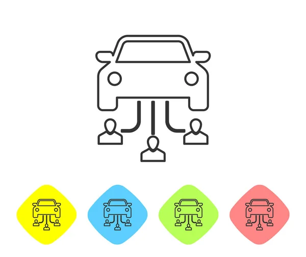Grey Car sharing con gruppo di persone linea icona isolata su sfondo bianco. Carsharing segno. Concetto di servizio di noleggio trasporti. Imposta l'icona nei pulsanti rombo a colori. Illustrazione vettoriale — Vettoriale Stock