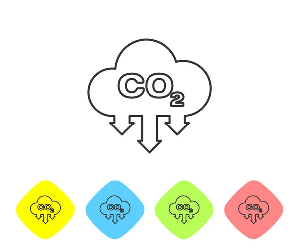 Grijze CO2-emissies in Cloud line icoon geïsoleerd op witte achtergrond. Kooldioxide formule symbool, smog vervuiling concept, milieu concept. Pictogram instellen in kleur Rhombus-knoppen. Vector illustratie — Stockvector