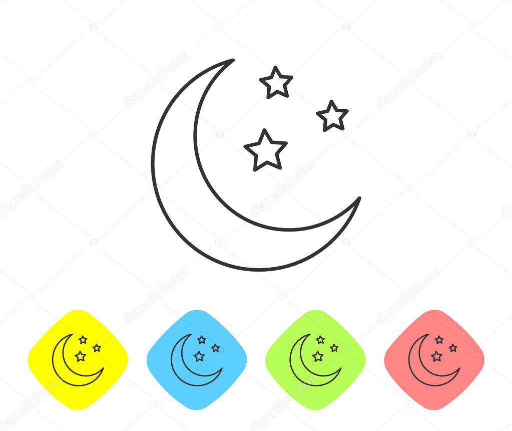 Grey Moon and stars line icon isolated on white background. Set icon in color rhombus buttons. Vector Illustration