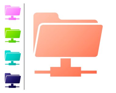 Beyaz arka plan üzerinde Coral Ftp klasör simgesi. Yazılım güncellemesi kavramı, ftp transfer protokolü, yönlendirici, takım çalışması araç yönetimi, kopyalama süreci, bilgi. Simgeyi renk düğmelerinde ayarlayın. Vektör İllüstrasyonu