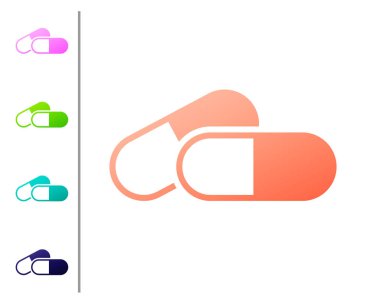 Mercan Tıp hap veya tablet simgesi beyaz arka plan üzerinde izole. Kapsül hapı ve ilaç işareti. Eczane tasarımı. Renk simgelerini ayarlayın. Vektör İllüstrasyonu