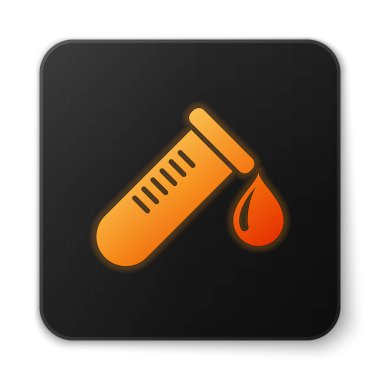 Turuncu parlayan Test tüpü veya şişe kan simgesi damla beyaz arka plan üzerinde izole ile. Laboratuvar, kimyasal, bilimsel cam işareti. Siyah kare düğme. Vektör İllüstrasyonu