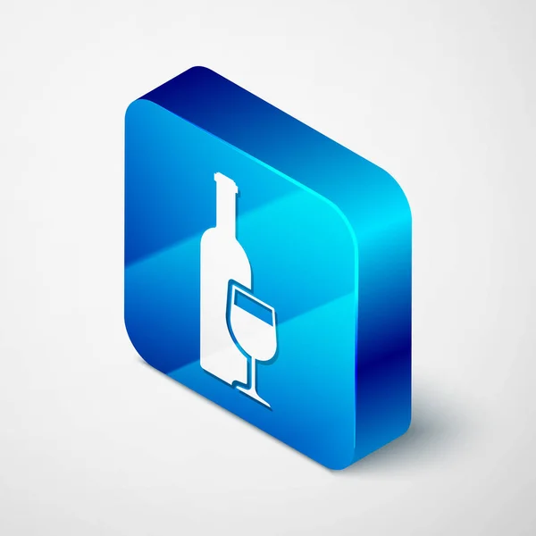Frasco de vinho isométrico com ícone de vidro de vinho isolado sobre fundo branco. Botão quadrado azul. Ilustração vetorial —  Vetores de Stock