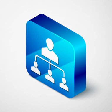 Beyaz arka planda yalıtılmış İzometrik Başvuru pazarlama simgesi. Ağ pazarlama, iş ortaklığı, tavsiye programı stratejisi. Mavi kare düğmesi. Vektör İllüstrasyonu