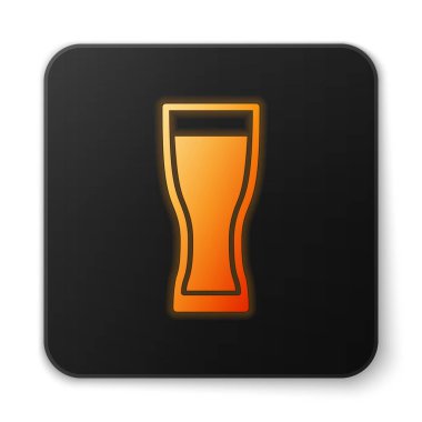 Turuncu parlayan Cam bira simgesi beyaz arka plan üzerinde izole. Siyah kare düğme. Vektör İllüstrasyonu